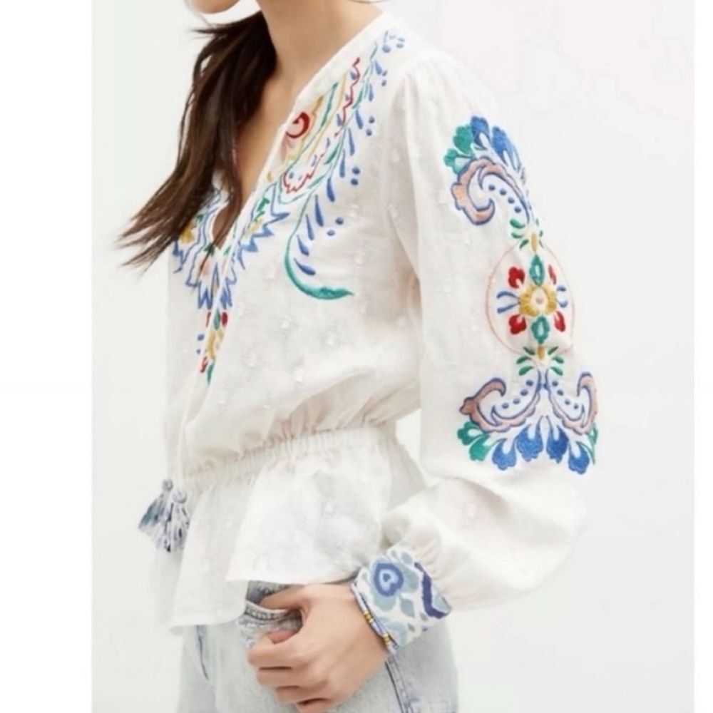 Anthropologie Forever That Girl Embroidered Peplum Peasant Blouse Top Medium - Picture 2 of 15